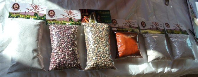 Native Naturals product line (from left to right): Blue Corn Meal, Anasazi Beans, Parched Blue Corn, Red Chili Powder (mild), Blue Corn Muffin and Cornbread Mix, and Blue Corn Pancake Mix